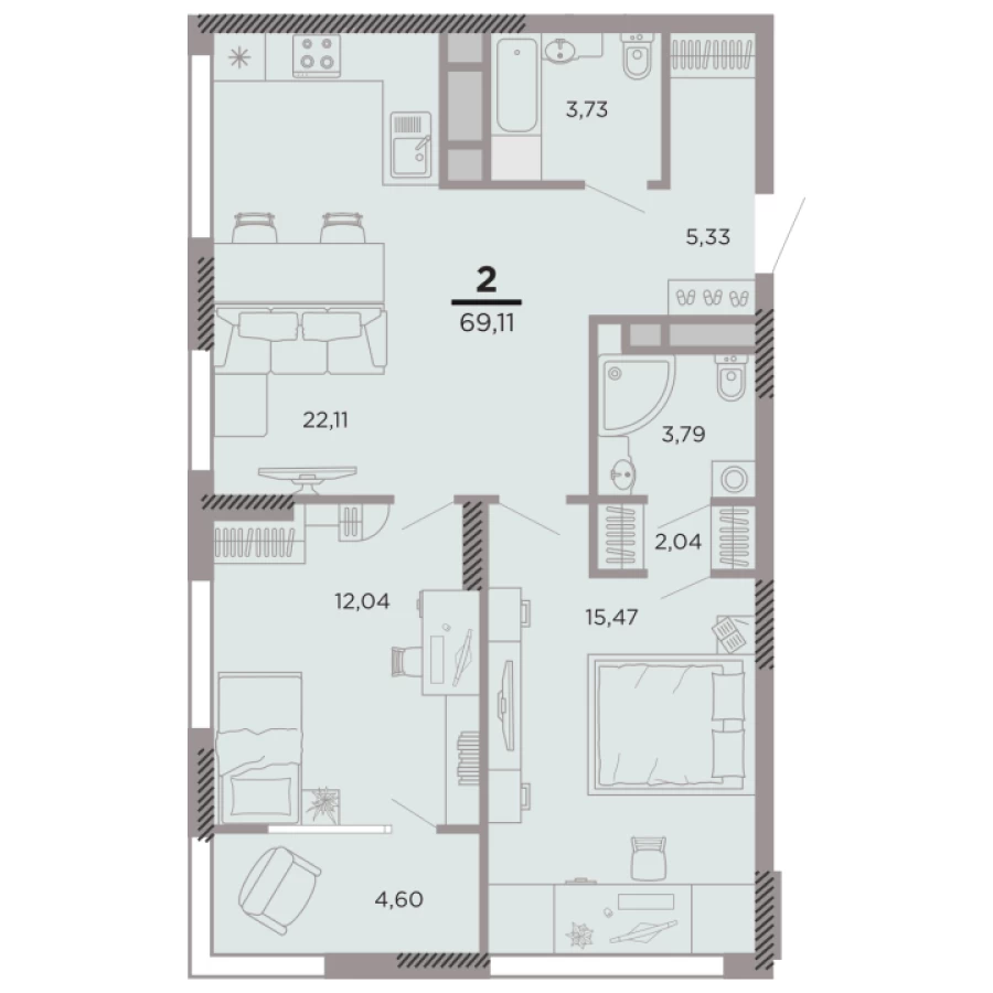 2-ая квартира 69,11 м2 с просторной кухней